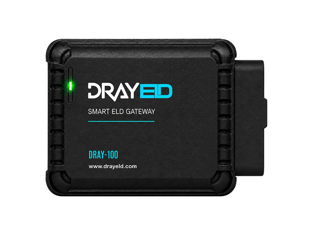 DRAY-100 Smart ELD Gateway, a black plug-in diagnostic-port device with a green status LED