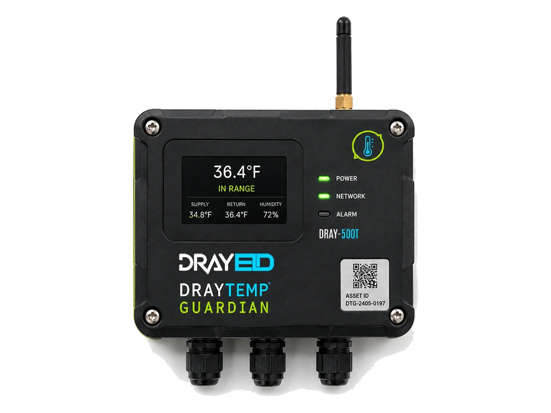 DRAYTEMP GUARDIAN, a sealed monitor showing 36.4°F in range with supply, return and humidity readings